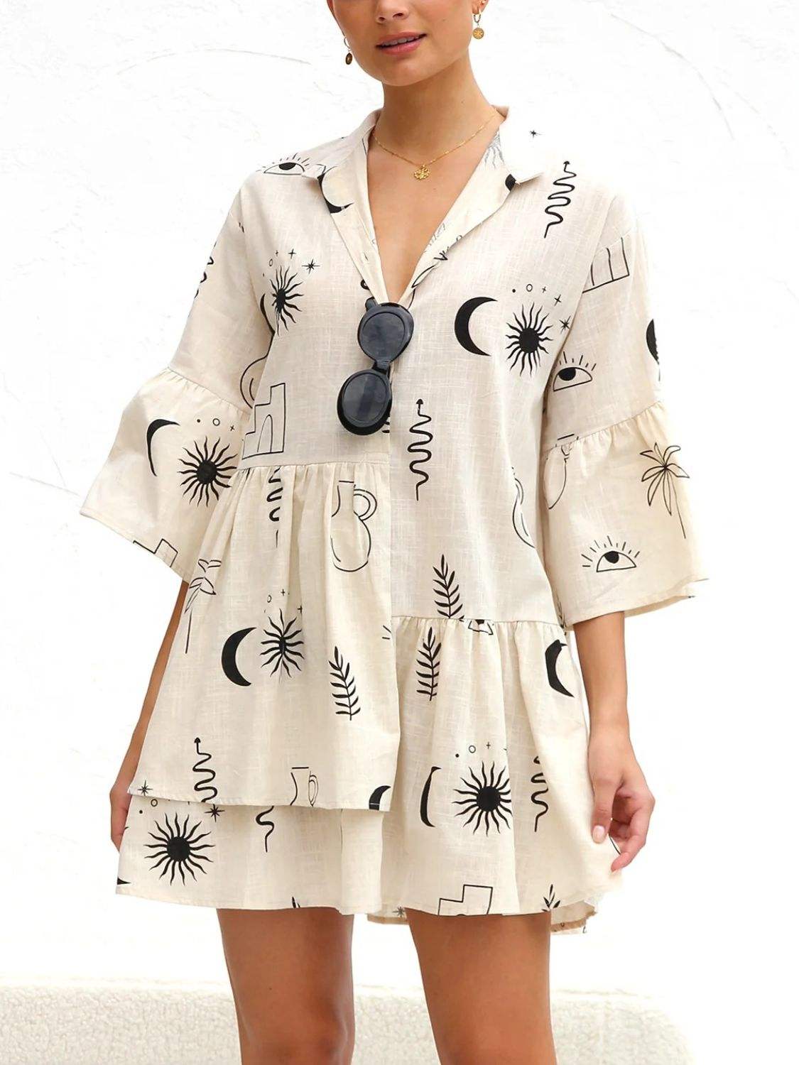 Printed Collared Neck Three-Quarter Sleeve Mini Dress - Trendsi - Flyclothing LLC
