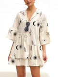 Printed Collared Neck Three-Quarter Sleeve Mini Dress - Trendsi