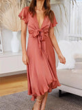High-Low Plunge Flutter Sleeve Dress - Trendsi