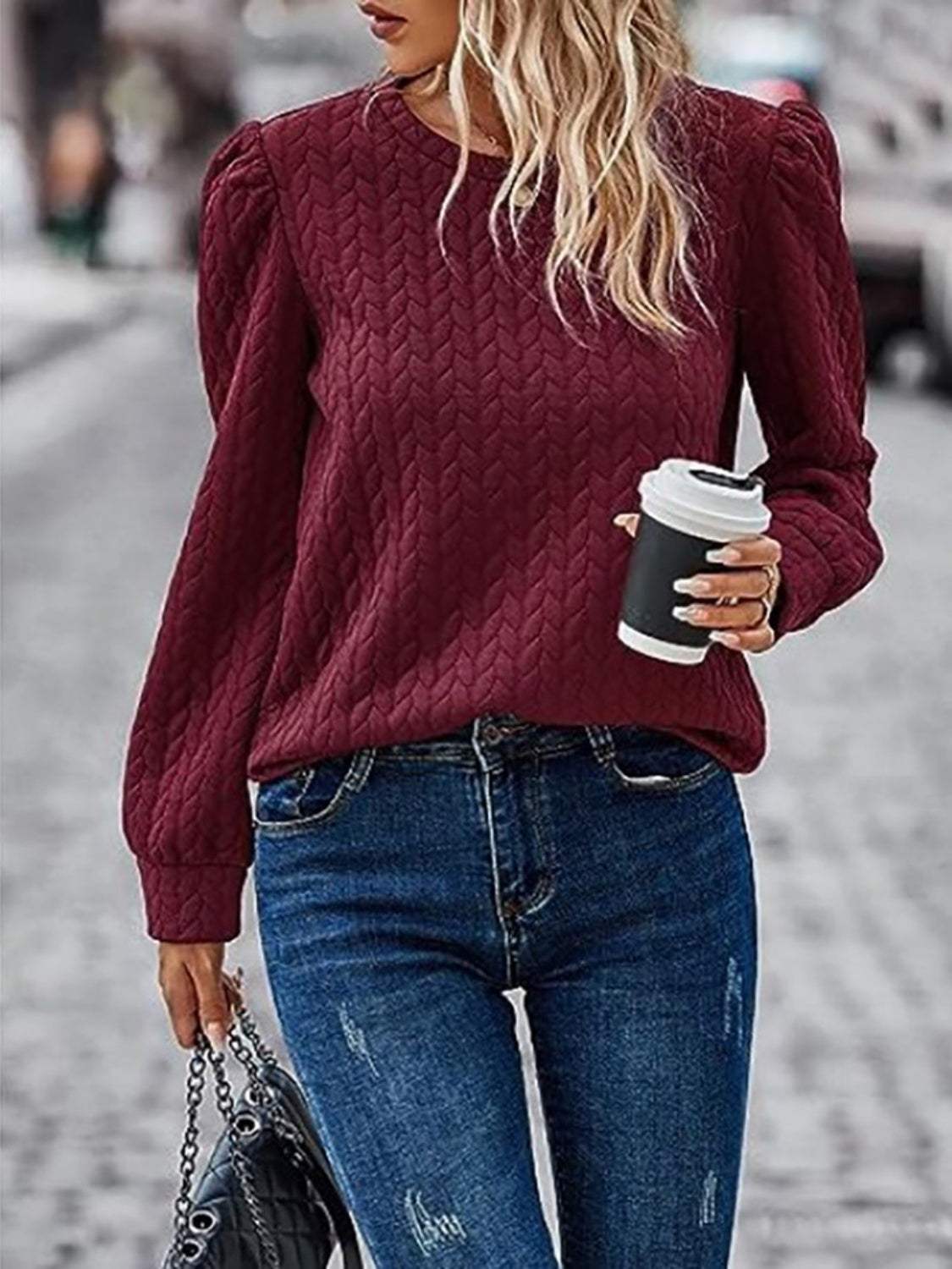 Textured Round Neck Long Sleeve Sweatshirt - Trendsi - Flyclothing LLC