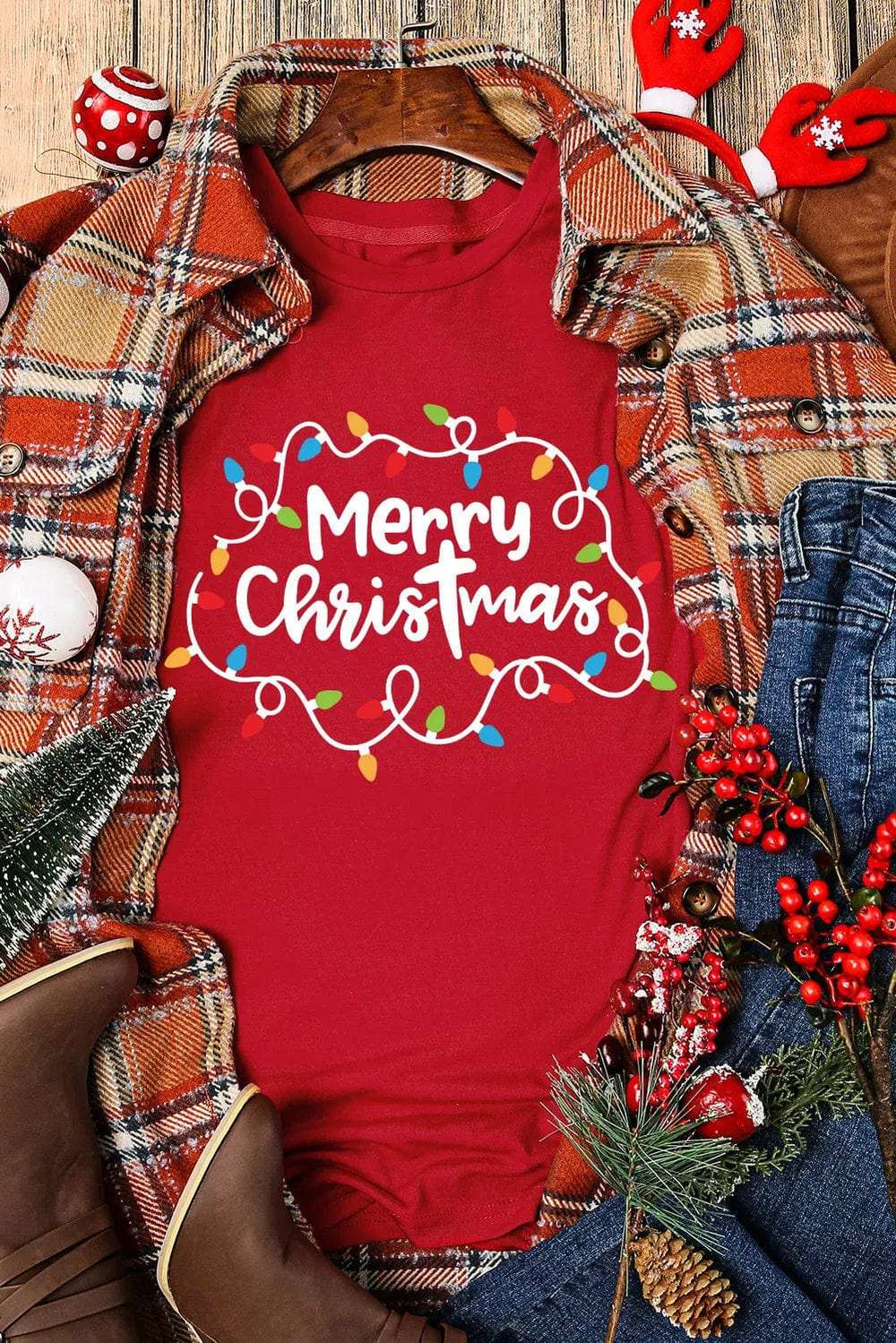 MERRY CHRISTMAS Round Neck Short Sleeve T-Shirt - Trendsi - Flyclothing LLC