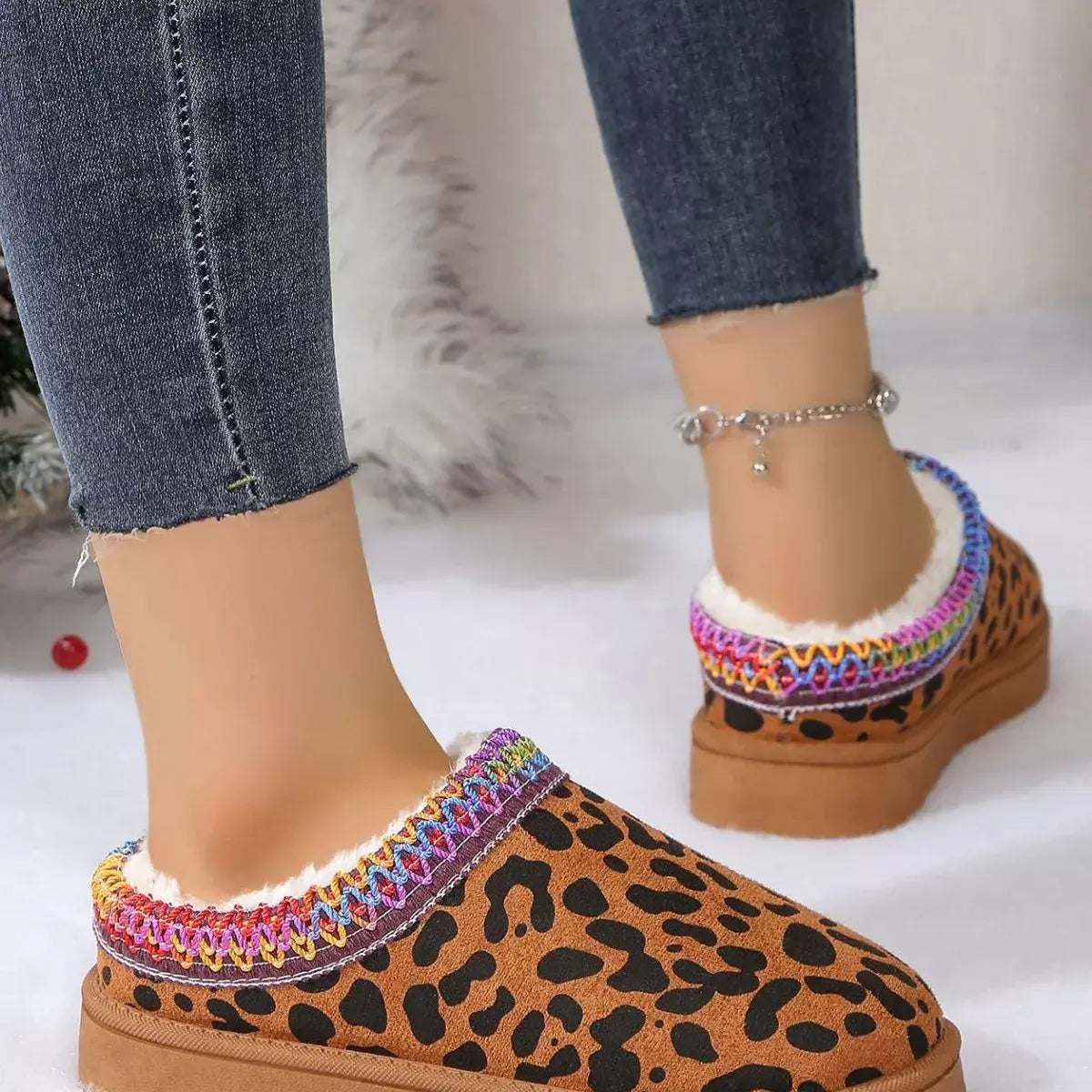 Leopard Print Plush Lined Warm Slip-Ons - Trendsi - Flyclothing LLC