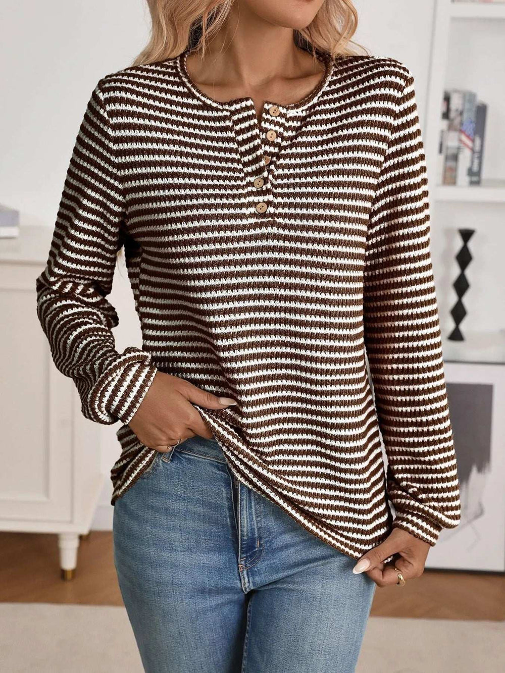 Striped Button Detail Long Sleeve Top - Trendsi - Flyclothing LLC