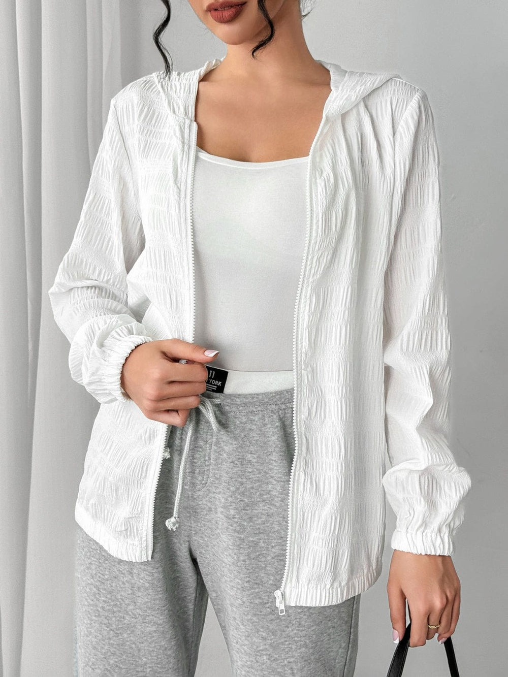 Texture Zip Up Hooded Jacket - Trendsi