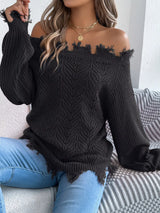 Distressed Hem Openwork Off-Shoulder Sweater - Trendsi - Flyclothing LLC