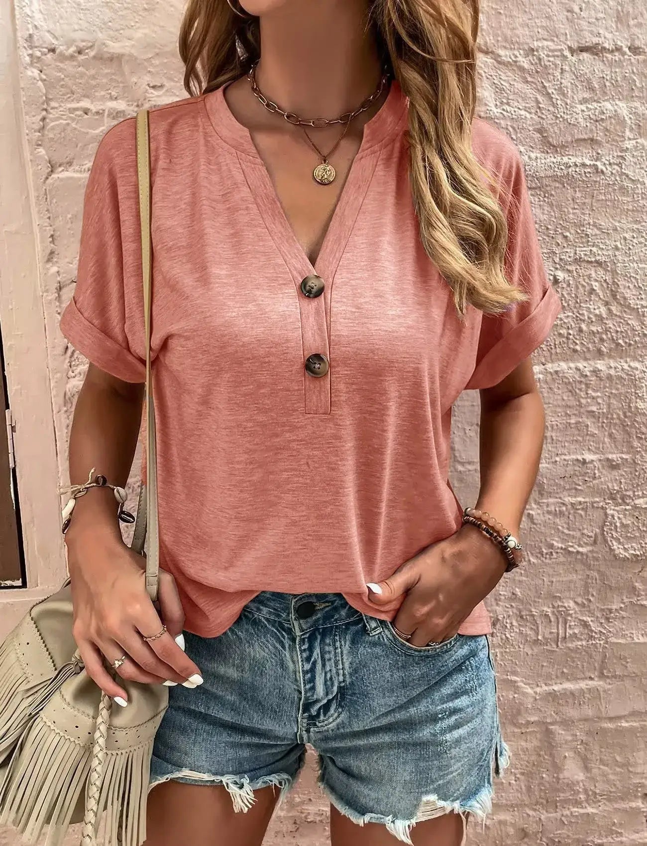 Full Size Casual Notched Short Sleeve Blouse Plus Size - Trendsi - Flyclothing LLC