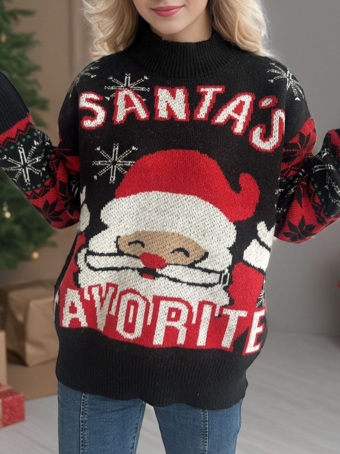 Santa Mock Neck Long Sleeve Sweater - Trendsi