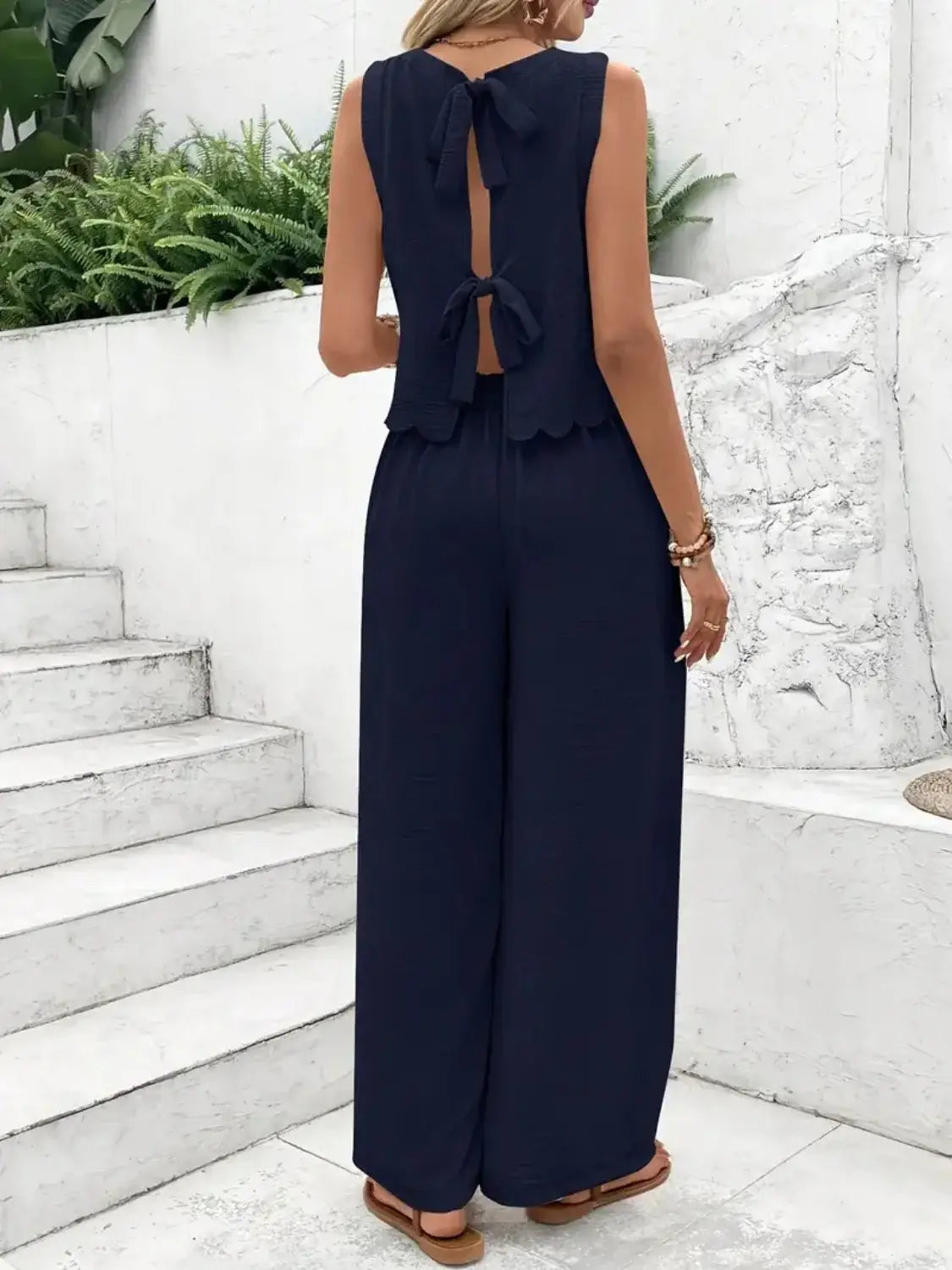 Tie Back Round Neck Top and Pants Set - Trendsi - Flyclothing LLC