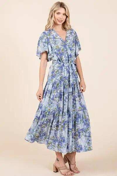Mittoshop Floral Tie Waist Flutter Sleeve Tiered Dress - Trendsi - Flyclothing LLC
