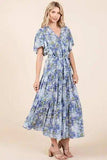 Mittoshop Floral Tie Waist Flutter Sleeve Tiered Dress - Trendsi - Flyclothing LLC