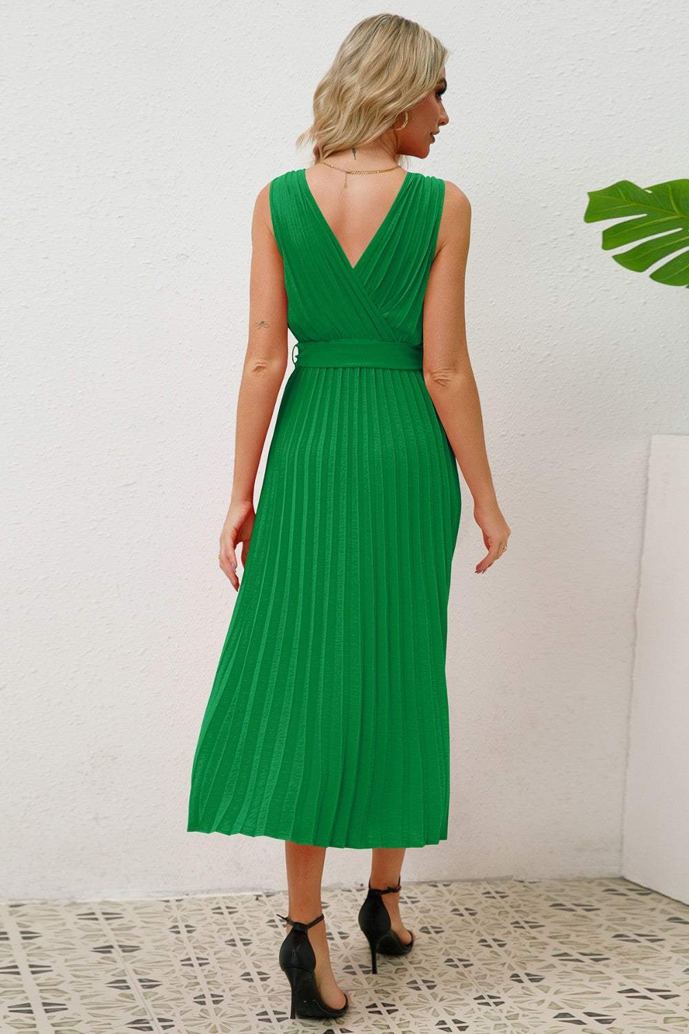 Surplice Sleeveless Midi Pleated Dress - Trendsi - Flyclothing LLC