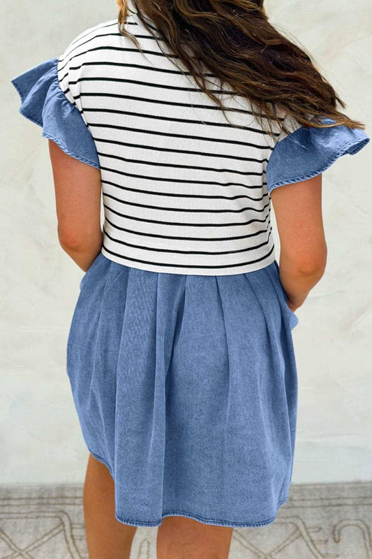 Stripe Ruffle Denim Patchwork Round Neck Mini Dress - Trendsi - Flyclothing LLC