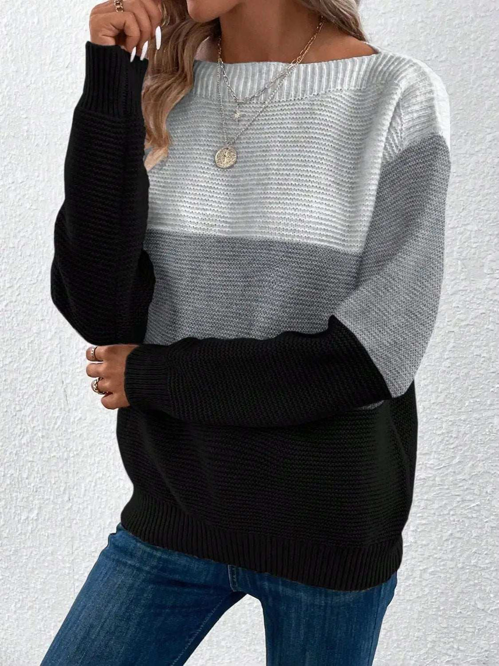 Color Block Boat Neck Sweater - Trendsi - Flyclothing LLC