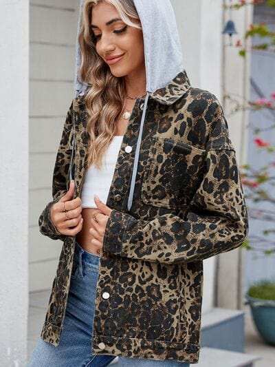 Pocketed Leopard Long Sleeve Denim Jacket - Trendsi - Flyclothing LLC