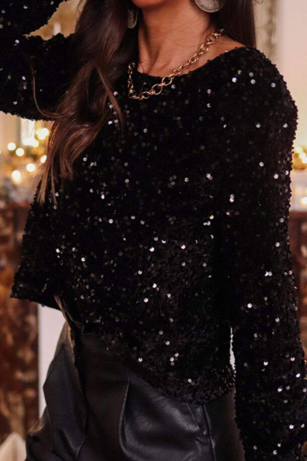 Sequin Round Neck Long Sleeve Blouse - Trendsi - Flyclothing LLC