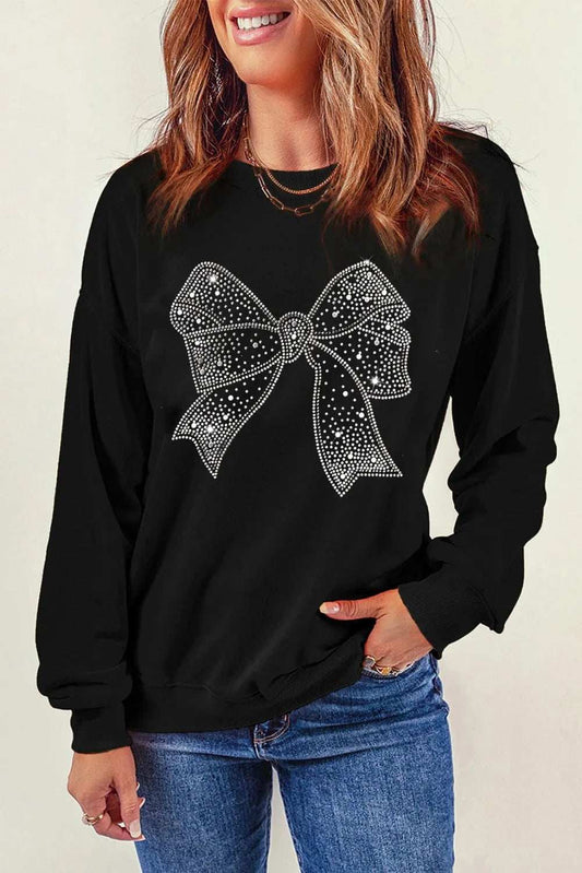 Rhinestone Bow Round Neck Long Sleeve Sweatshirt - Trendsi - Flyclothing LLC