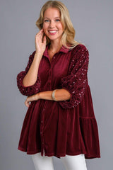 Umgee Sequin Detail Tiered Back Half Sleeve Shirt - Trendsi - Flyclothing LLC
