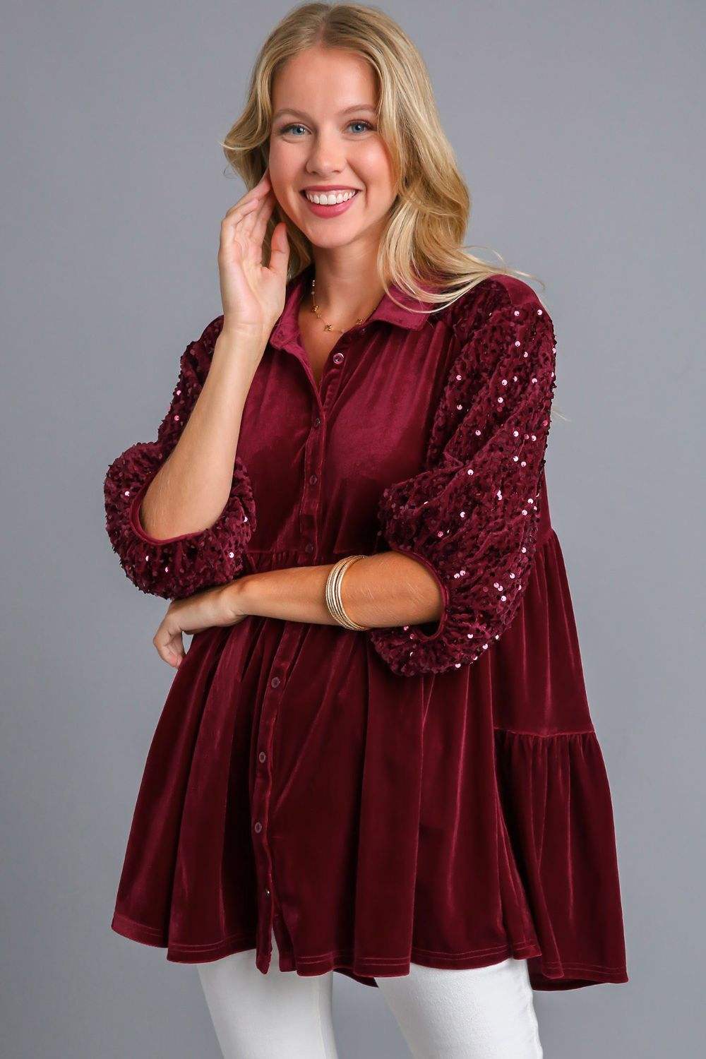 Umgee Sequin Detail Tiered Back Half Sleeve Shirt - Trendsi - Flyclothing LLC