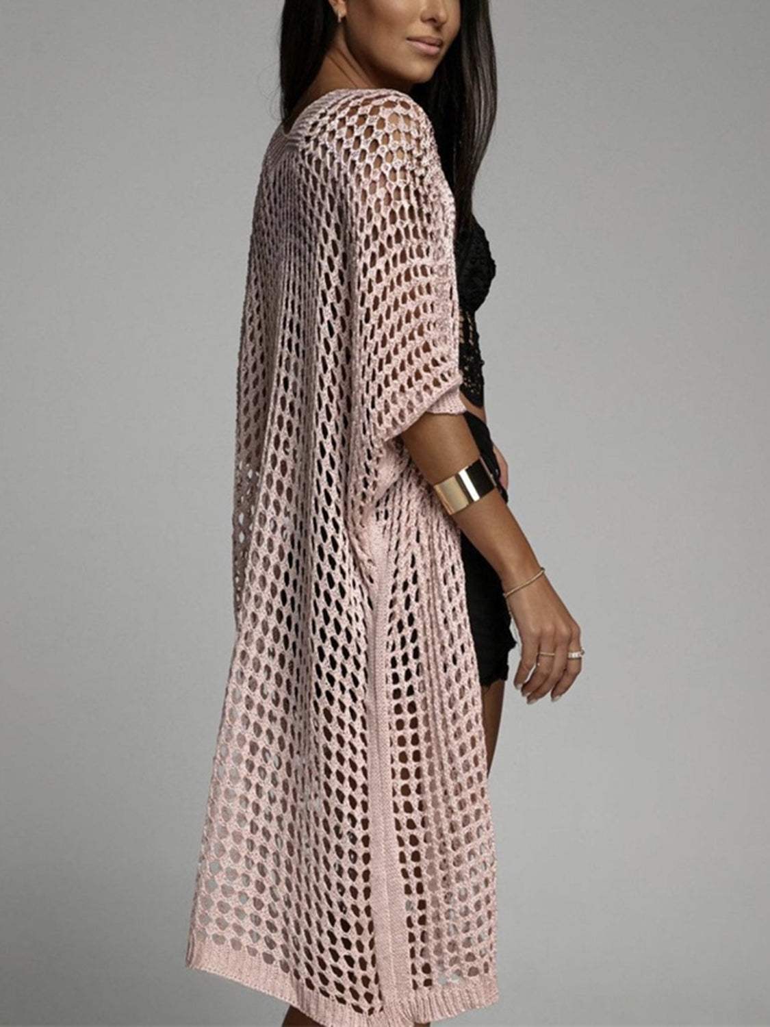 Openwork Open Front Three-Quarter Sleeve Cover Up - Trendsi - Flyclothing LLC