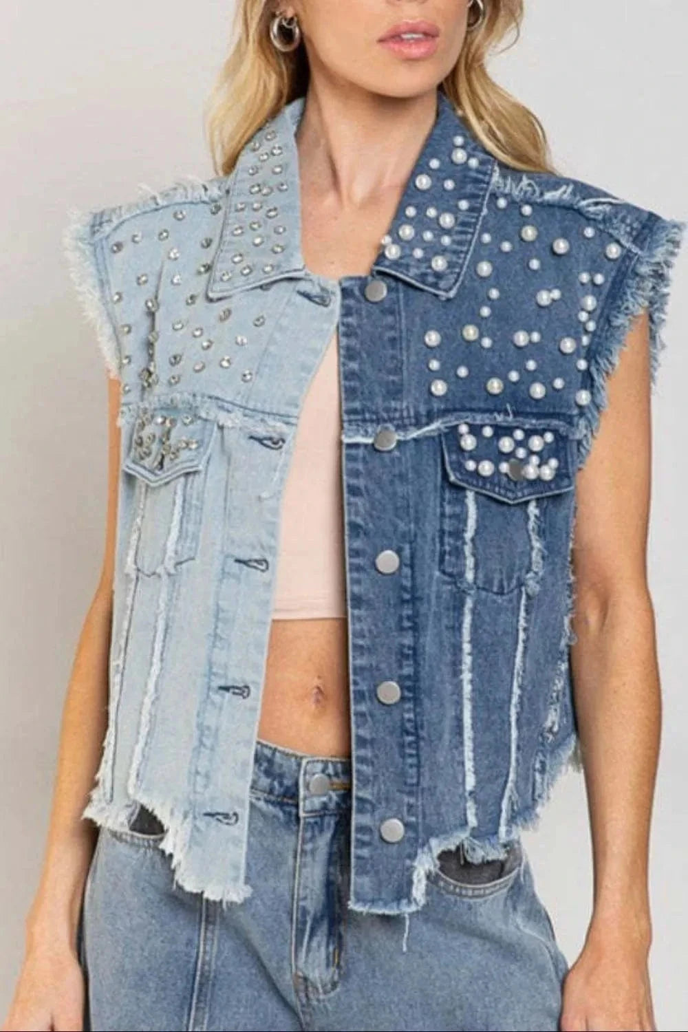 Pearl Detail Raw Hem Button Up Denim Vest - Trendsi