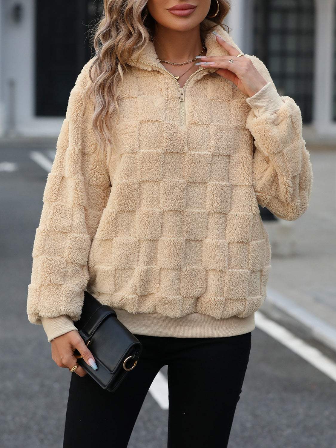 Fuzzy Quarter Zip Long Sleeve Sweatshirt - Trendsi - Flyclothing LLC