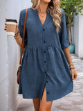 Perfee Button Down Notched Half Sleeve Mini Shirt Dress - Trendsi