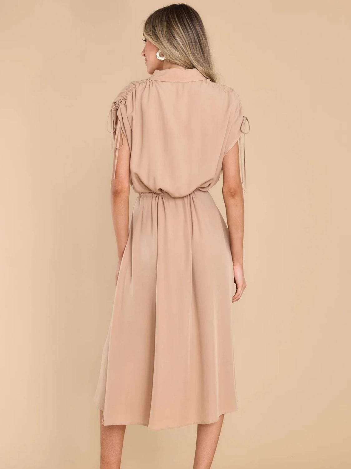 Drawstring Collared Neck Short Sleeve Midi Dress - Trendsi - Flyclothing LLC