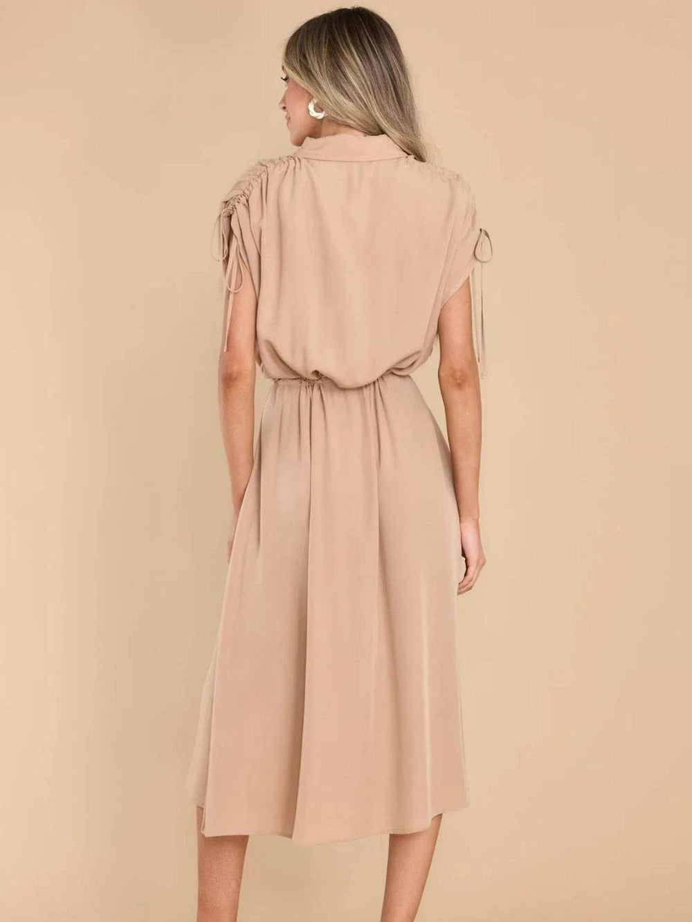 Drawstring Collared Neck Short Sleeve Midi Dress - Trendsi - Flyclothing LLC