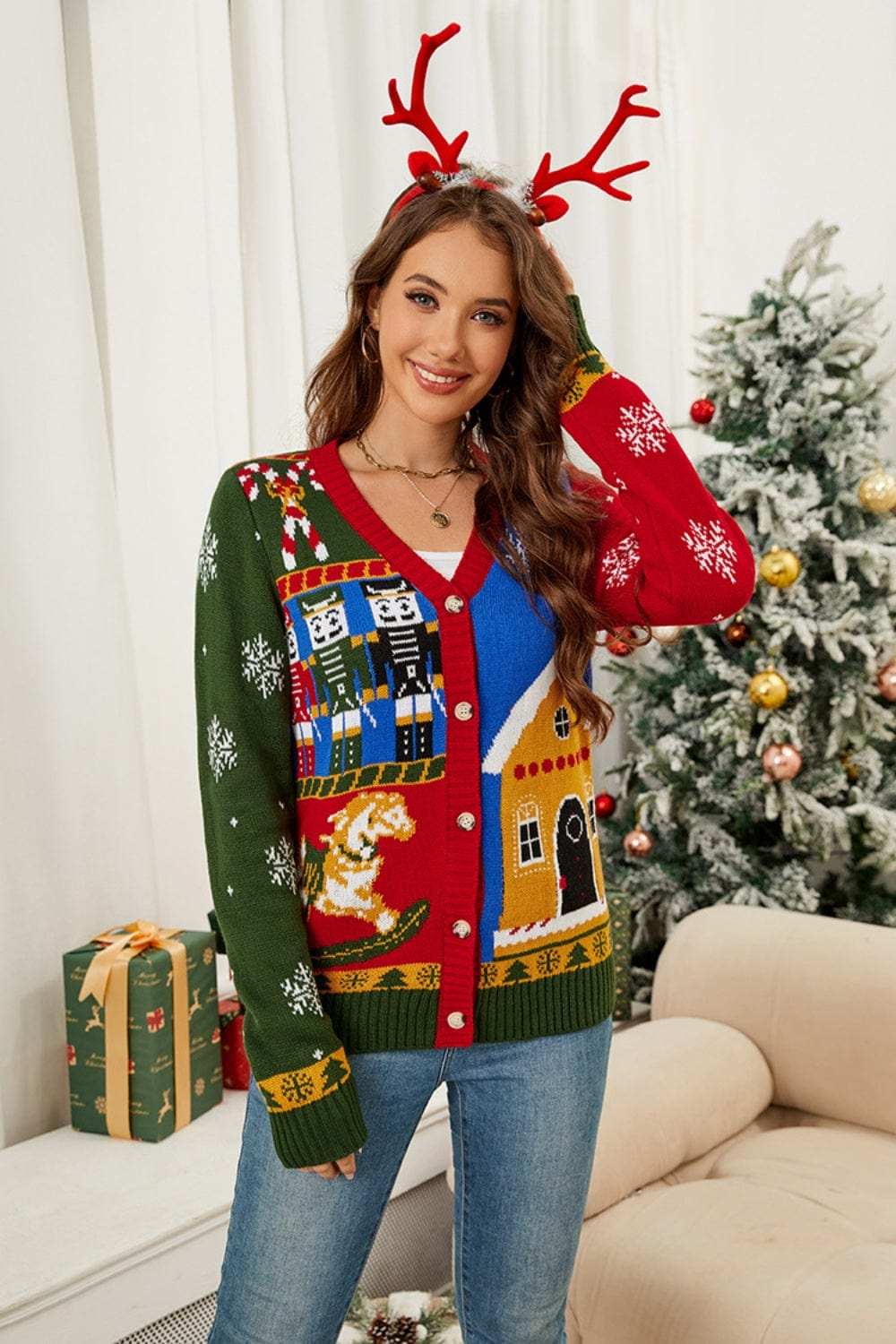 Nutcracker Contrast V-Neck Long Sleeve Cardigan - Trendsi - Flyclothing LLC
