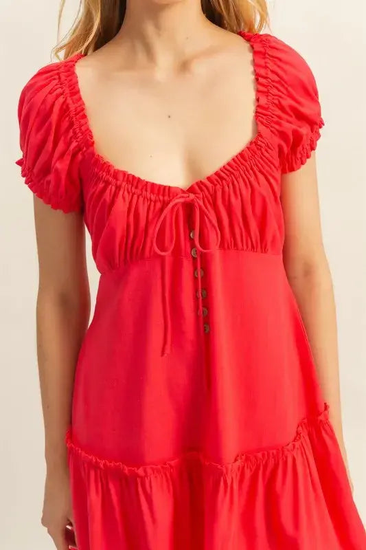 HYFVE Ruched Frill Tiered Short Sleeve Mini Dress - Trendsi - Flyclothing LLC