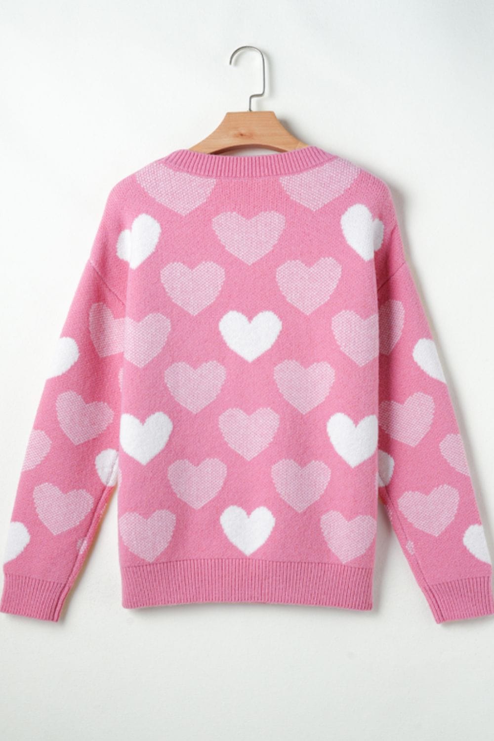 Pearl Trim Heart Round Neck Long Sleeve Sweater - Trendsi