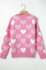 Pearl Trim Heart Round Neck Long Sleeve Sweater - Trendsi