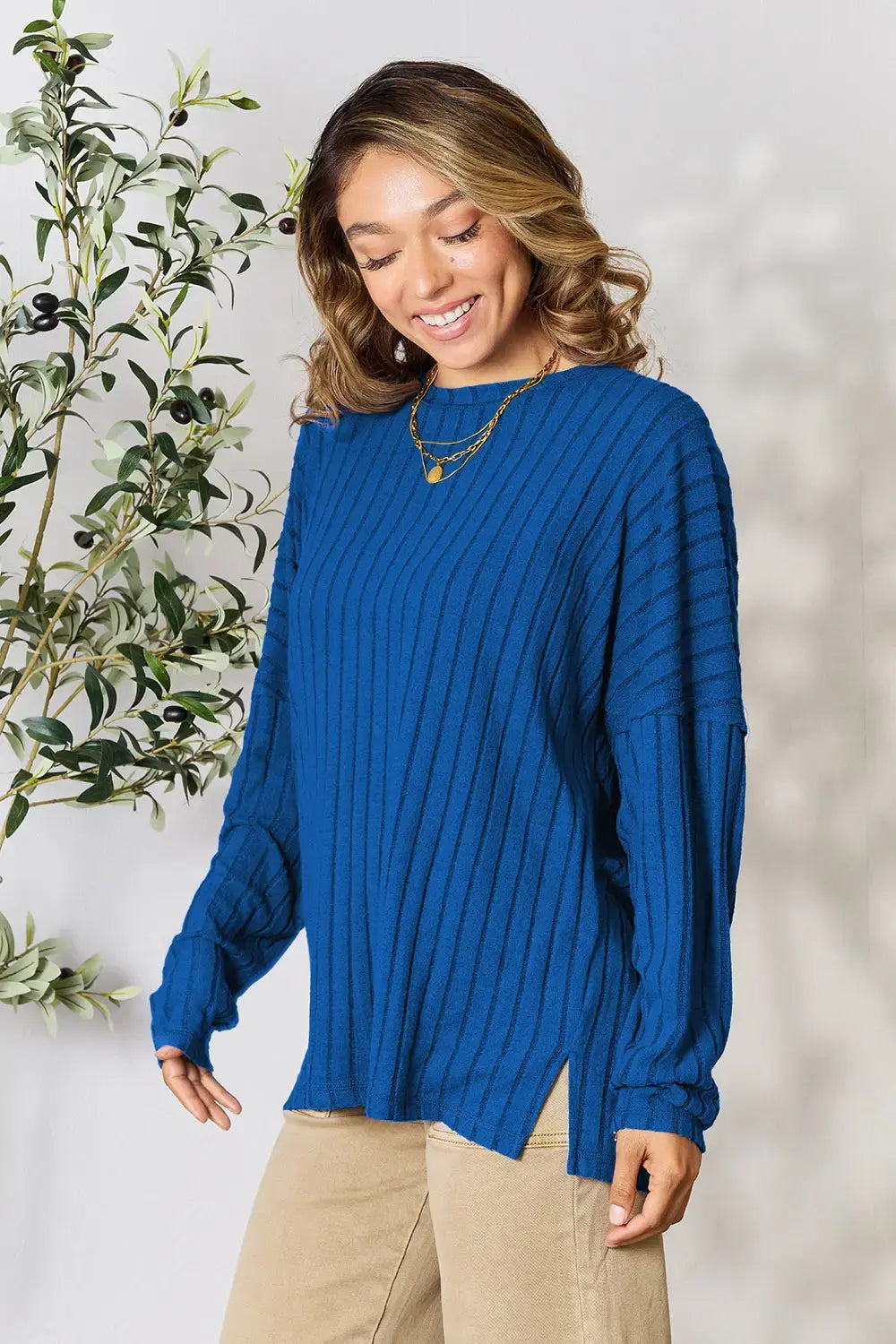 Basic Bae Full Size Ribbed Round Neck Slit Knit Top - ShopBasicbae - Flyclothing LLC