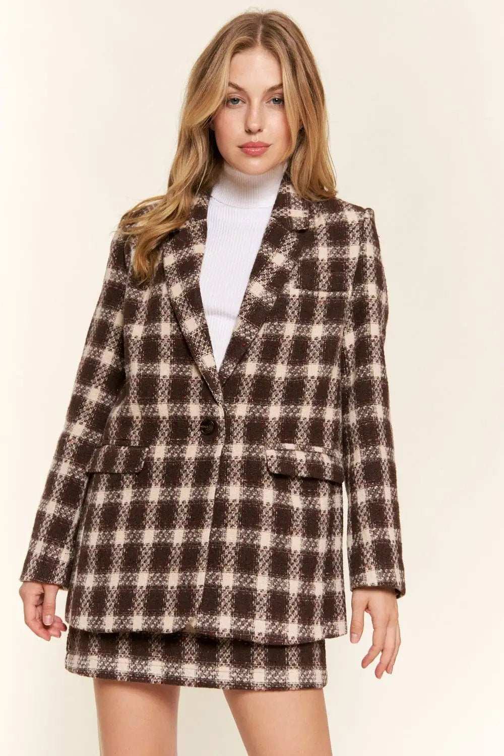 And The Why Full Size Plaid Brushed One Button Blazer - Trendsi - Flyclothing LLC