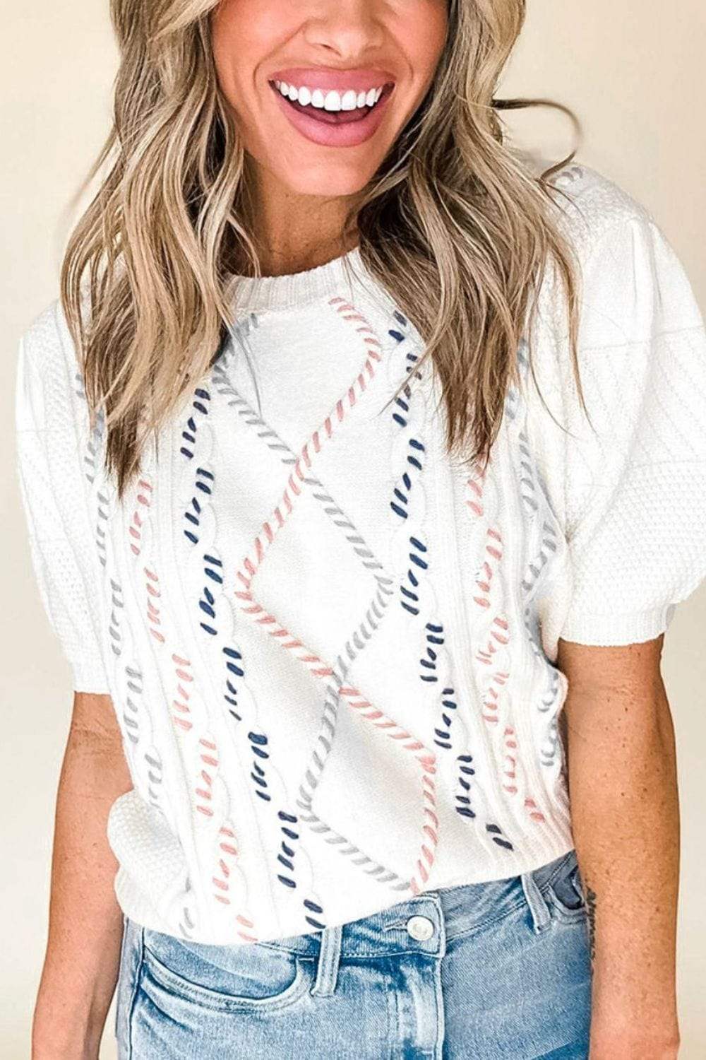 Cable Knit Round Neck Half Sleeve Sweater - Trendsi - Flyclothing LLC