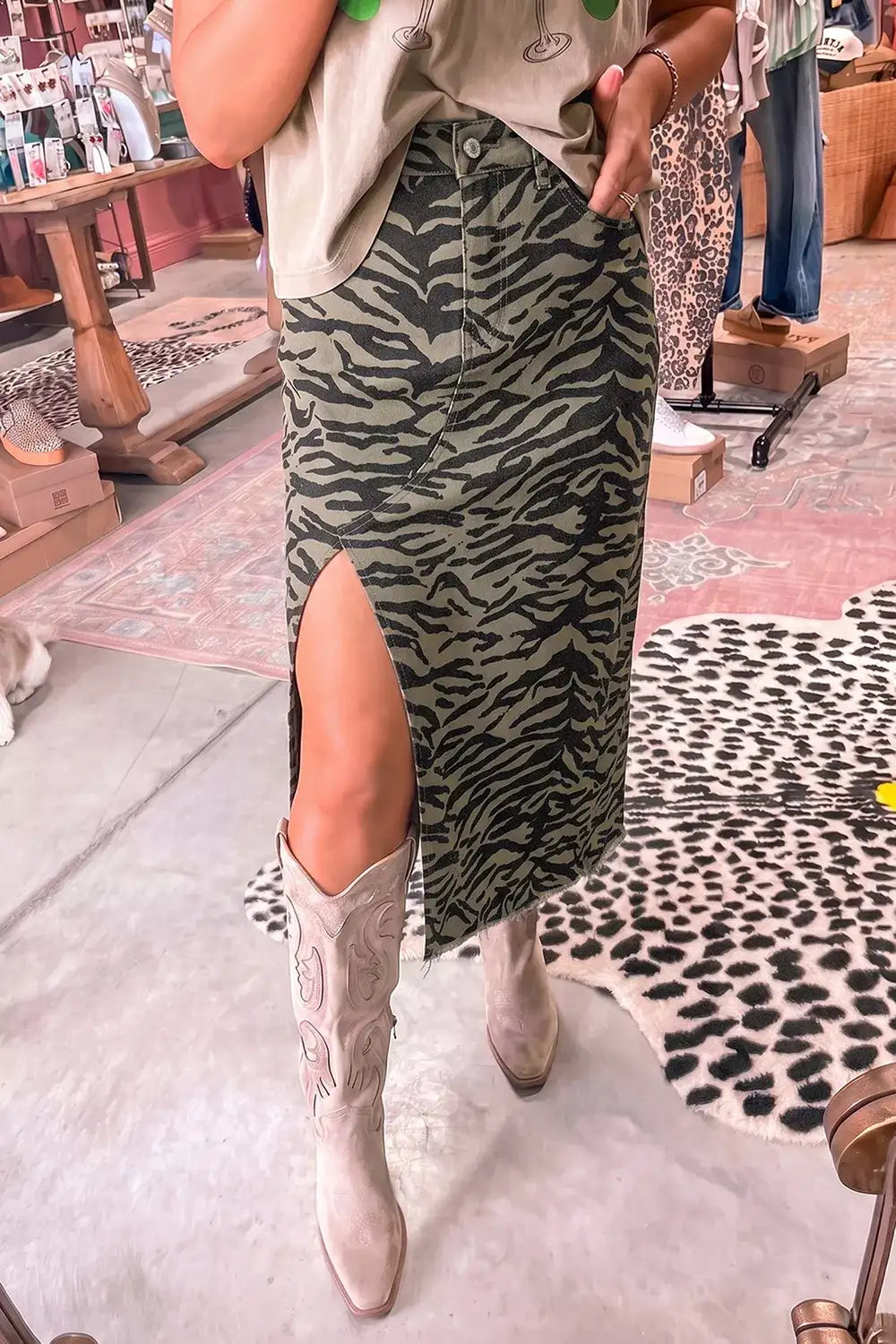 Leopard Print Side Split Frayed Hem Denim Midi Skirt - Trendsi - Flyclothing LLC