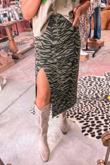 Leopard Print Side Split Frayed Hem Denim Midi Skirt - Trendsi - Flyclothing LLC