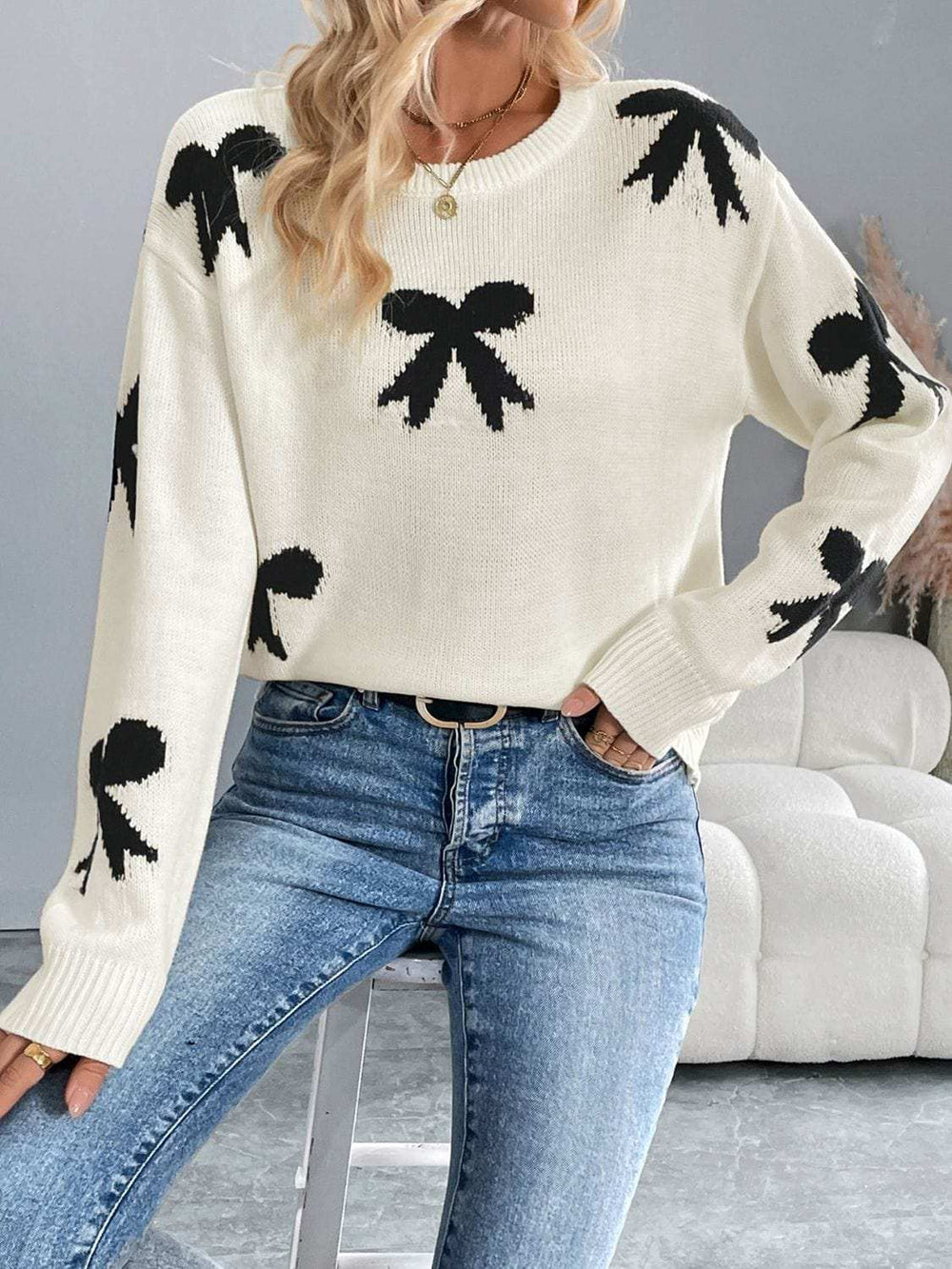 Perfee Bow Graphic Round Neck Long Sleeve Sweater - Trendsi - Flyclothing LLC