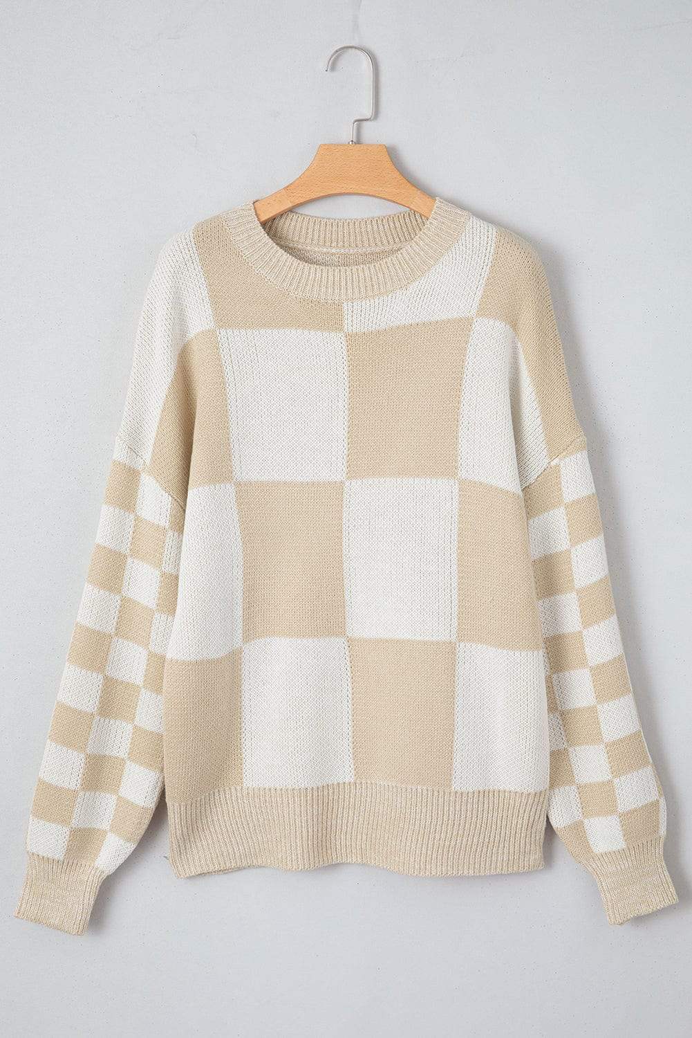 Checkered Round Neck Drop Shoulder Sweater - Trendsi - Flyclothing LLC