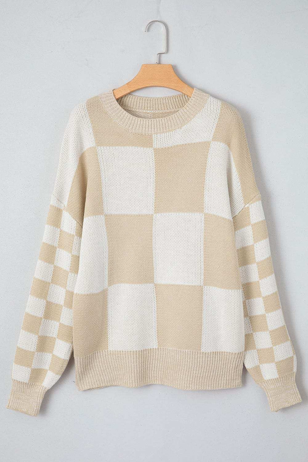 Checkered Round Neck Drop Shoulder Sweater - Trendsi - Flyclothing LLC