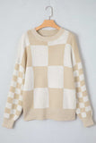 Checkered Round Neck Drop Shoulder Sweater - Trendsi - Flyclothing LLC