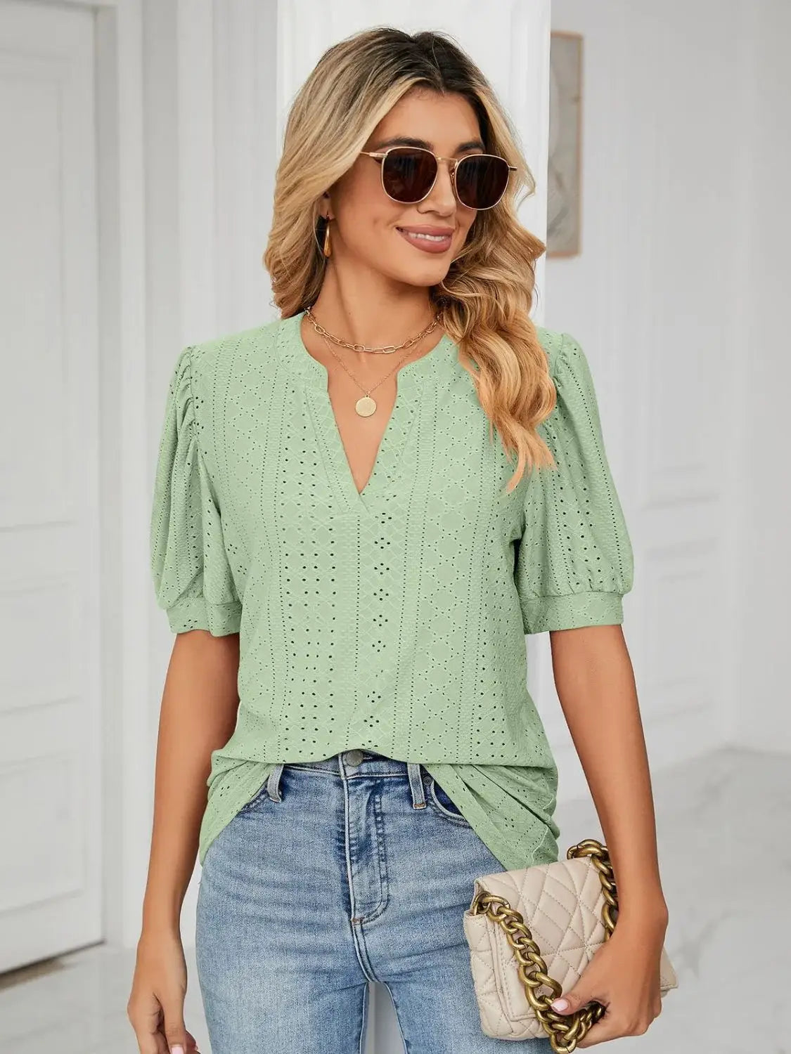 Florira Eyelet Notched Short Sleeve T-Shirt - Trendsi - Flyclothing LLC