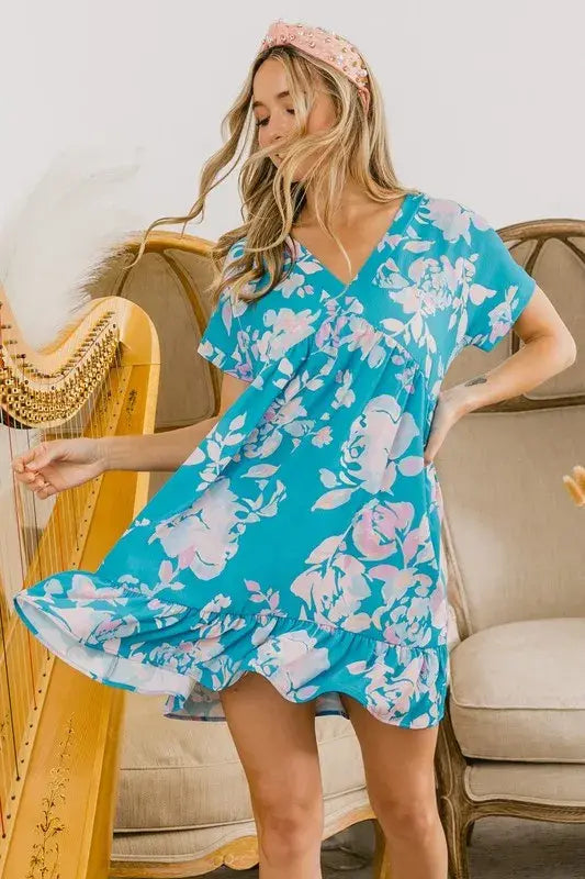 BiBi Floral Crinkle Shirred Ruffle Detail V Neck Dress - Trendsi - Flyclothing LLC