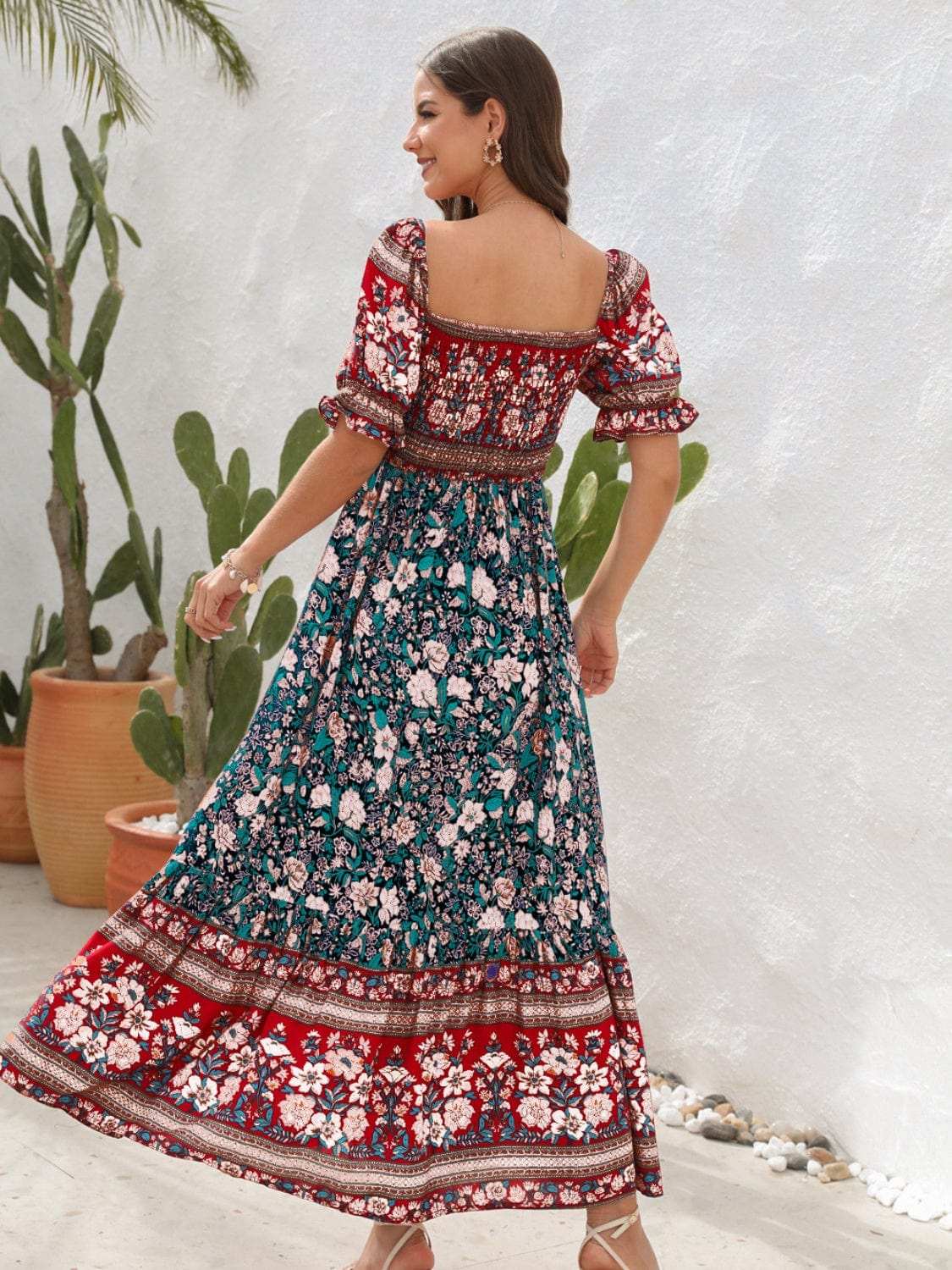 Floral Flounce Sleeve Midi Dress - Trendsi - Flyclothing LLC