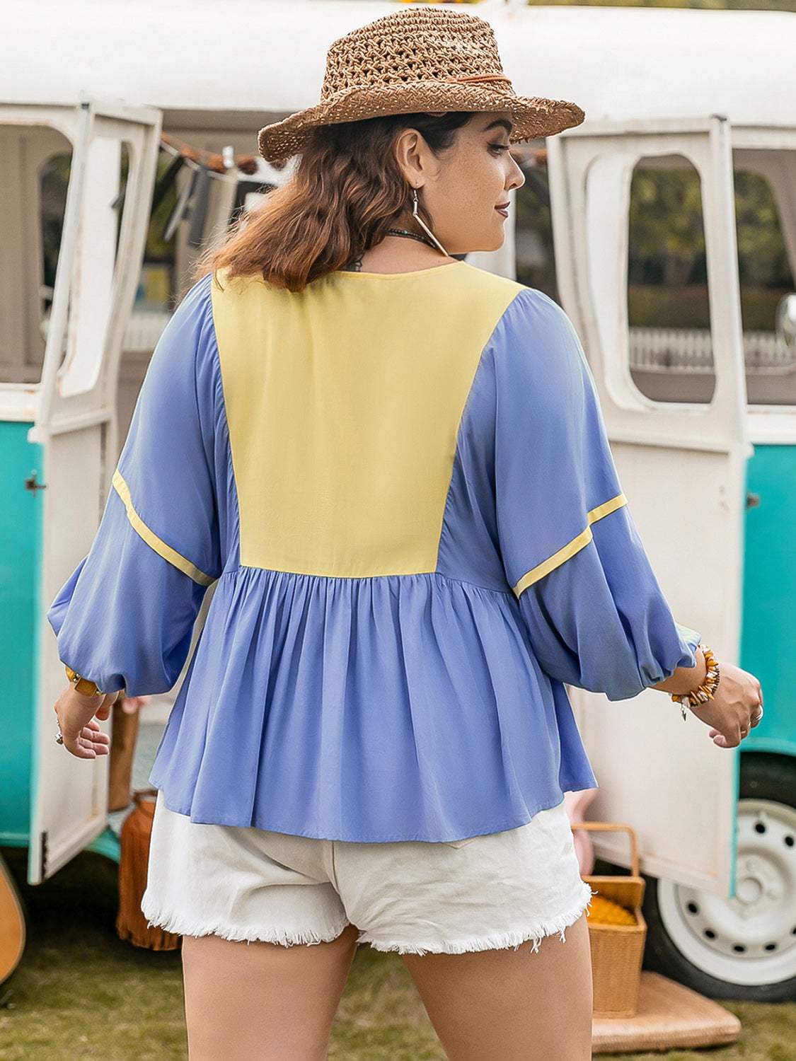 Plus Size Ruched Tie Neck Balloon Sleeve Blouse - Trendsi - Flyclothing LLC