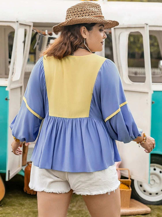Plus Size Ruched Tie Neck Balloon Sleeve Blouse - Trendsi - Flyclothing LLC