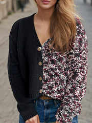 Contrast Button Up V-Neck Cropped Cardigan - Trendsi