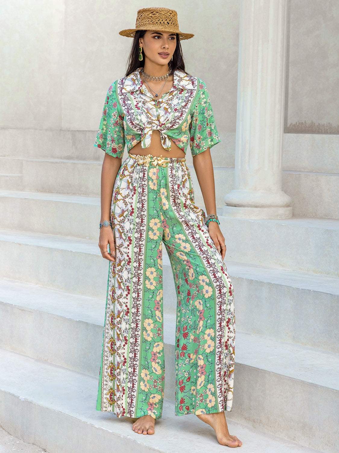 Printed Half Sleeve Top and Wide Leg Pants Set - Trendsi - Flyclothing LLC