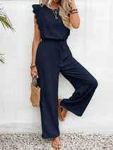 Lace Trim Round Neck Top and Pants Set - Trendsi - Flyclothing LLC
