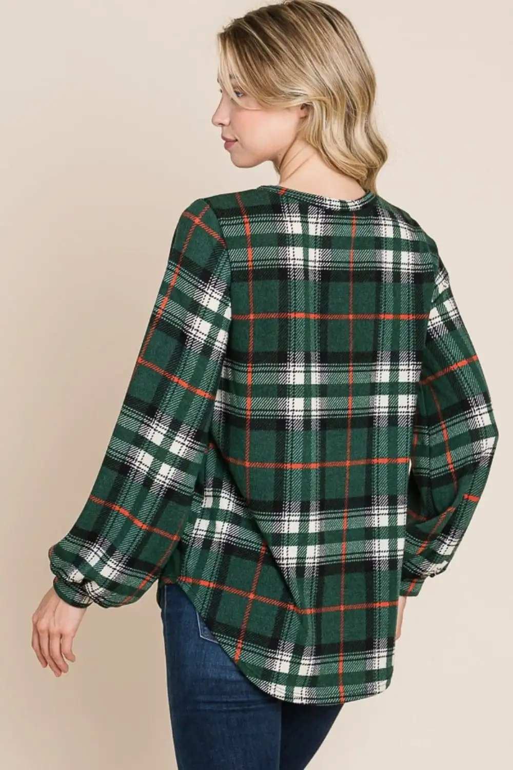 BOMBOM Curved Hem Plaid Round Neck Long Sleeve Top - Trendsi - Flyclothing LLC